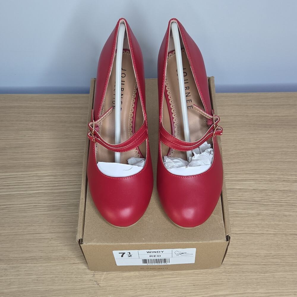 Journee Collection Windy Red Straps Buckle Cone Heel Pumps 7.5 Women